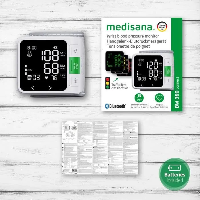Medisana Tensiómetro de Muñeca Conectado BW 360, Producto Sanitario Certificado, Blanco