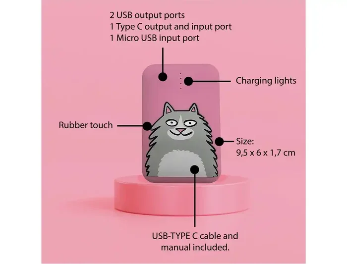 Wondee Bateria Externa 10.000 mAh Gato Rosa Portátil para Smartphone Wondee Bateria Externa 10.000 mAh Gato Rosa Portátil para Smartphone