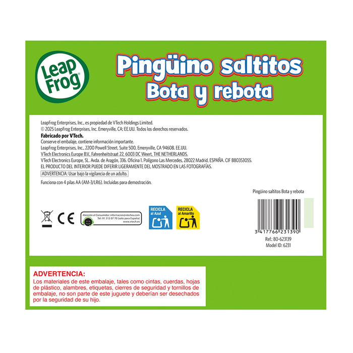 Leap Frog Pingüinos Saltitos Bota Y Rebota 80-623139 V-Tech, Juguete Interactivo de Aprendizaje con Movimiento, Sonidos, Luces y Canciones para Bebés +12 Meses