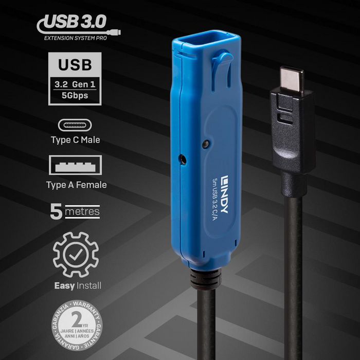 Lindy Cable Extensor Activo USB 3.2 Gen 1 C a A Pro 5 m Negro Lindy Cable Extensor Activo USB 3.2 Gen 1 C a A Pro 5 m Negro
