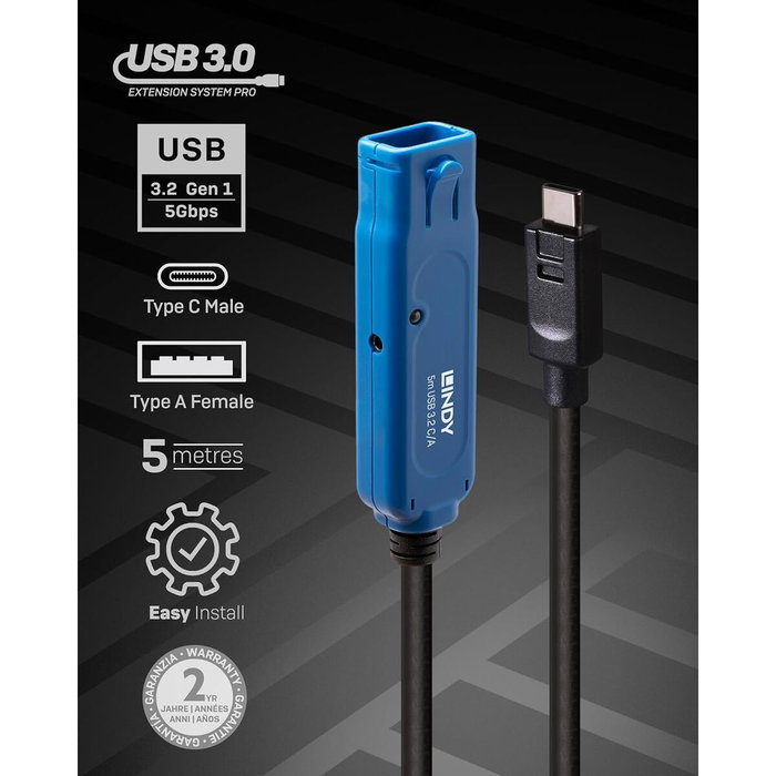 Lindy Cable USB-C a USB-A 3.2 Gen 1 (5m) Negro