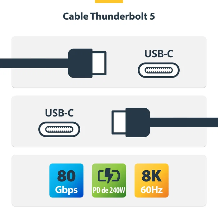 StarTech TBLT5MM80CM240W Cable Thunderbolt 5 USB-C 0.8 m Negro - 80 Gbps con Modo Boost 120 Gbps, Carga 240W, Soporte Vídeo 8K 60Hz, Certificado, Compatible MacBook Pro M4