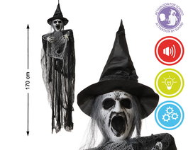 Figura Decorativa Bruja Colgante con Luz, Sonido y Movimiento 170 cm para Decoración de Halloween y Pasajes del Terror