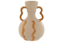 DKD Home Decor Jarrón de Porcelana con Asas Mostaza y Crema 13x13x19 cm