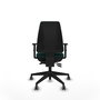Silla de oficina Elche con mecanismo Asincro tapizada con Similpiel color Verde botella. Equipada con Base piramidal negra, Brazos 1D y Ruedas 65 mm parqué