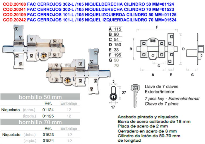 Facilidad de cerrojos 302-L / 115 níquel derecha cilindro 70 mm Facilidad de cerrojos 302-L / 115 níquel derecha cilindro 70 mm