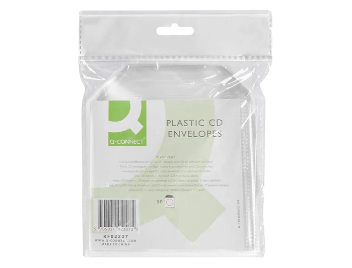 Q-connect Sobre para CD/DVD de polipropileno con solapa, pack de 50 unidades
