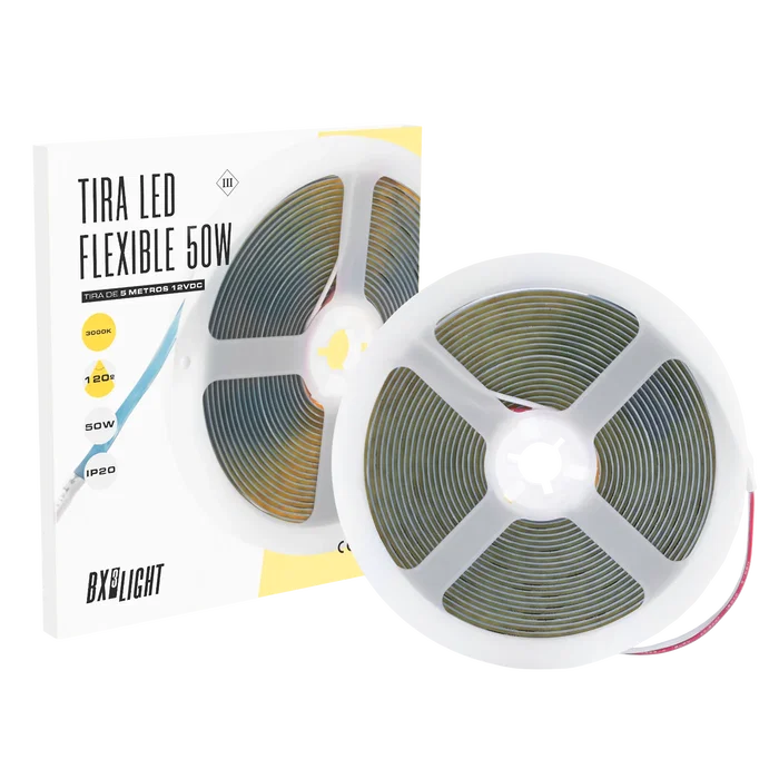 BX3 LIGHT Tira LED Flexible, 50W, 12V DC, 4000K, Blanco Frío, 5 Metros, IP20, Ideal para Interiores, Decoración, Vitrinas, BX3-COB-320-12DC-W