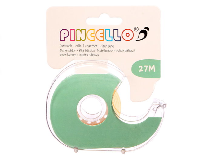 PINCELLO Portacelo y Rollo Adhesivo 27 m x 1,8 cm - Dimensiones del portacelo: 10 x 7.5 x 2.5 cm - Color Amarillo (Set de 48)