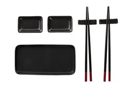 DKD Home Decor Set de Sushi Oriental Negro 7 Piezas. Vajilla de Gres y Bambú Apta para Microondas y Lavavajillas