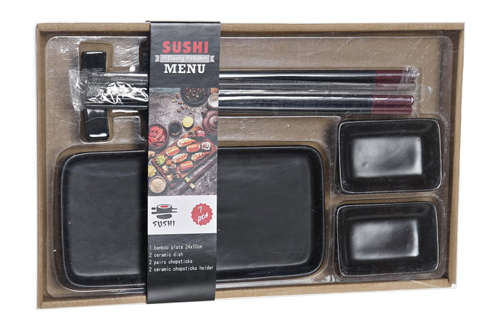 DKD Home Decor Set de Sushi Oriental Negro 7 Piezas. Vajilla de Gres y Bambú Apta para Microondas y Lavavajillas