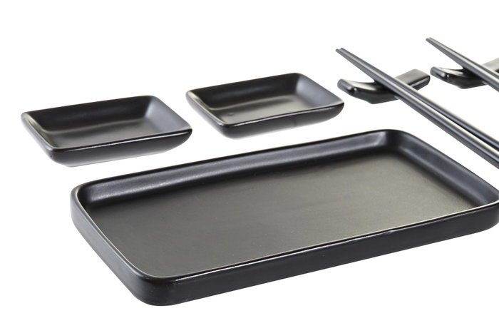 DKD Home Decor Set de Sushi Oriental Negro 7 Piezas. Vajilla de Gres y Bambú Apta para Microondas y Lavavajillas