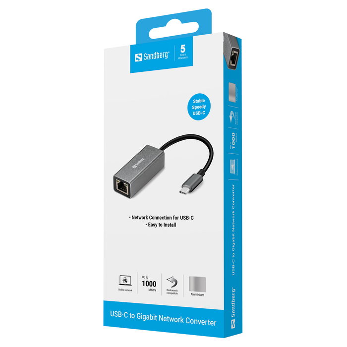 Sandberg USB-C Gigabit Network Adapter Aluminium/White Sandberg USB-C Gigabit Network Adapter Aluminium/White