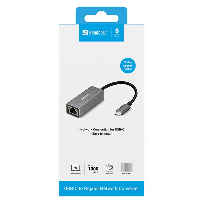 Sandberg USB-C Gigabit Network Adapter Aluminium/White Sandberg USB-C Gigabit Network Adapter Aluminium/White