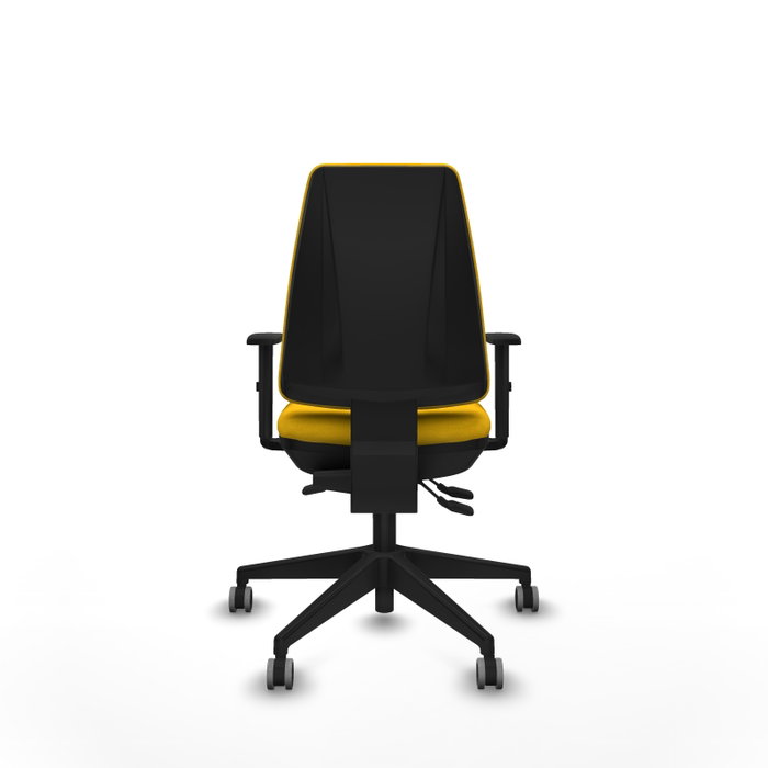 Silla de oficina Elche con mecanismo Asincro tapizada con Tela color Amarillo. Equipada con Base piramidal negra, Brazos 1D y Ruedas 65 mm parqué
