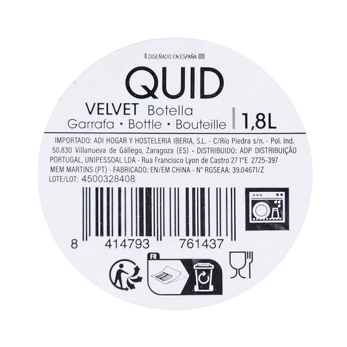 Botella Vidrio Tape Pp Velvet Quid 1,8 L