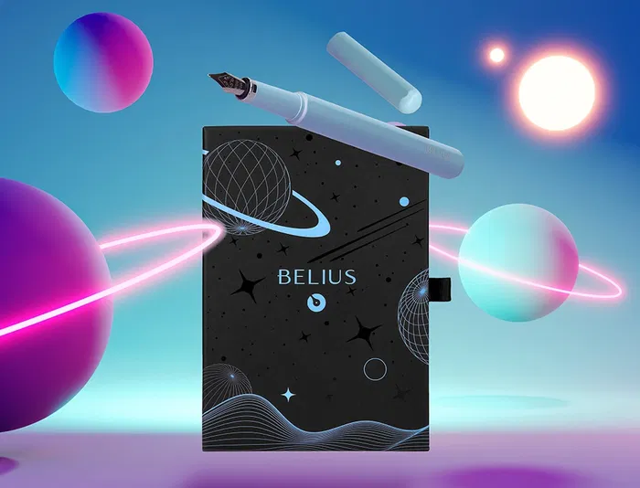 Belius Space B Pluma y funda de similpiel azul tinta azul caja de diseño minimalista