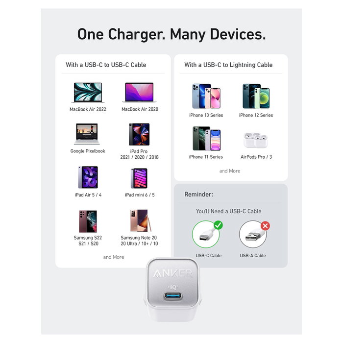 Anker 511 Nano 3 Cargador de Pared USB-C 30W Blanco