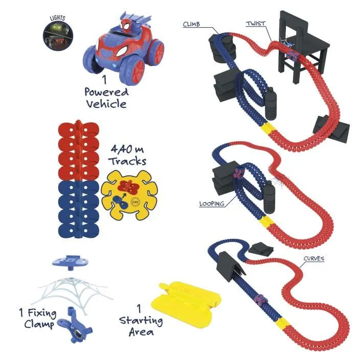 Smoby SMO180918 Set de Descubrimiento Spidey Flextreme con 184 Pistas Flexibles y 1 Vehículo