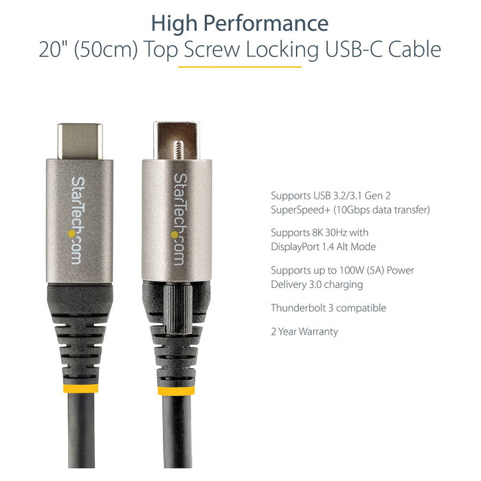 StarTech USB-C Cable de 0,5 m con Tornillo de Bloqueo, 10 Gbps, 100W PD, Gris/Negro