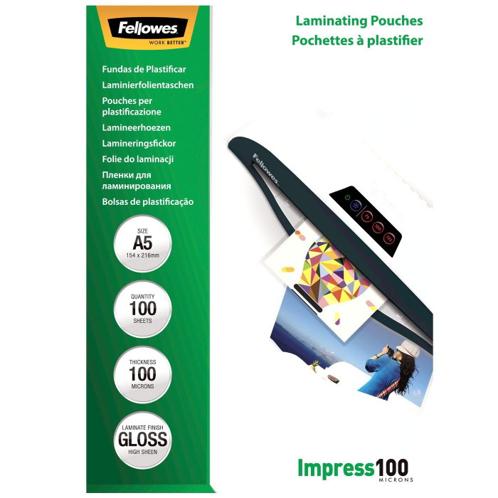 Fellowes Fundas para plastificar A5 100 micras brillo, pack 100