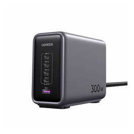 UGREEN Nexode 300W 5-Port Cargador Rápido GaN 90903B con PD 3.1, USB-C x4, USB-A, para MacBook, iPhone, Samsung, Negro/Gris