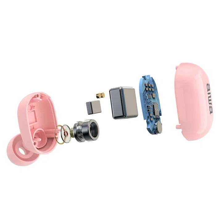 Aiwa EBTW-150PK Auriculares Inalámbricos Bluetooth 5.0 TWS Intraurales Hipergraves para Música y Llamadas con Estuche de Carga, Color Rosa
