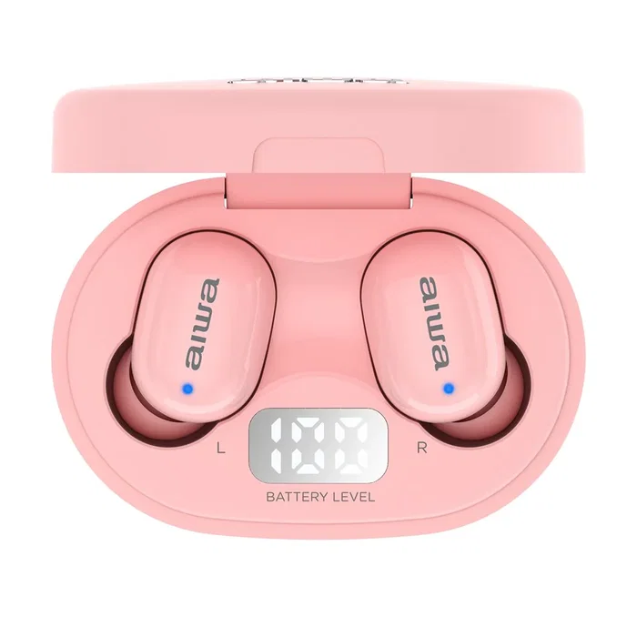 Aiwa EBTW-150PK Auriculares Inalámbricos Bluetooth 5.0 TWS Intraurales Hipergraves para Música y Llamadas con Estuche de Carga, Color Rosa