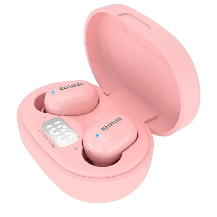 Aiwa EBTW-150PK Auriculares Inalámbricos Bluetooth 5.0 TWS Intraurales Hipergraves para Música y Llamadas con Estuche de Carga, Color Rosa