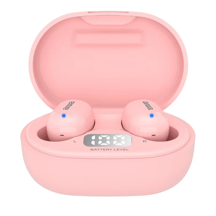 Aiwa EBTW-150PK Auriculares Inalámbricos Bluetooth 5.0 TWS Intraurales Hipergraves para Música y Llamadas con Estuche de Carga, Color Rosa