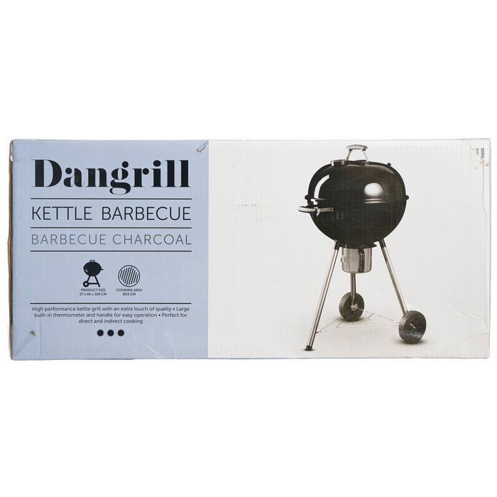 Dangrill Barbacoa Kettle Negra de Carbón, Parrilla con Tapa y Termómetro, Diámetro 57 cm, Superficie de Cocción 53 cm, con Ruedas y Recolector de Cenizas