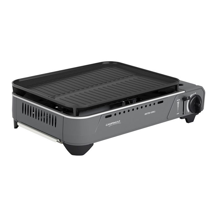 Campingaz Bistro Grill, Parrilla de Gas Portátil para Exterior 2000 W, Encendido Piezoeléctrico, Superficie Antiadherente 33.5x28 cm, Incluye Funda de Transporte