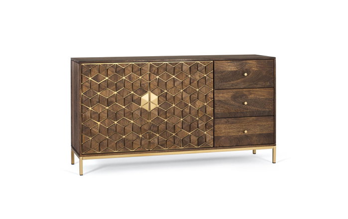 Giner Y Colomer Aparador de Madera de Mango y Metal, 145 cm, Nogal Dorado, 3 Cajones, Ref: Dora2