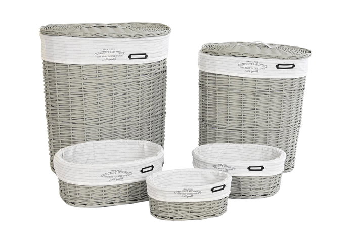 DKD Home Decor Set de 5 Cestas para la Ropa de Mimbre y Poliéster Gris y Blanco