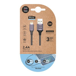 Tech One Tech Cable USB-A a Lightning de Nylon Trenzado y Reforzado, Carga Rápida 2.4A, 2m, Gris, Compatible con iPhone y Dispositivos Apple