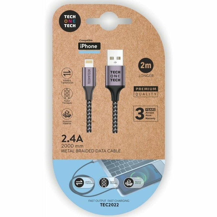 Tech One Tech Cable USB a Lightning de Nylon Trenzado, 2m, Gris Tech One Tech Cable USB a Lightning de Nylon Trenzado, 2m, Gris