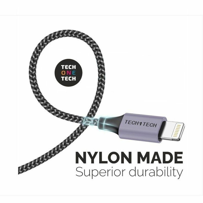 Tech One Tech Cable USB a Lightning de Nylon Trenzado, 2m, Gris Tech One Tech Cable USB a Lightning de Nylon Trenzado, 2m, Gris
