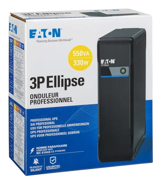 Eaton UPS 3P550D 3P Ellipse 550 DIN - Sistema de alimentación ininterrumpida, 0.55 kVA / 330W, Offline, 4 salidas AC, Torre negro