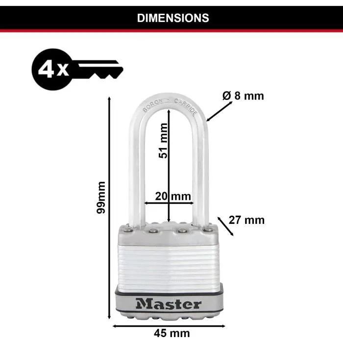 Master Lock M1EURTRILH Candado Alta Seguridad Exterior, Pack 3 (4 Llaves), Acero Laminado 45mm, Arco Octagonal 51mm Boro Tough-Cut