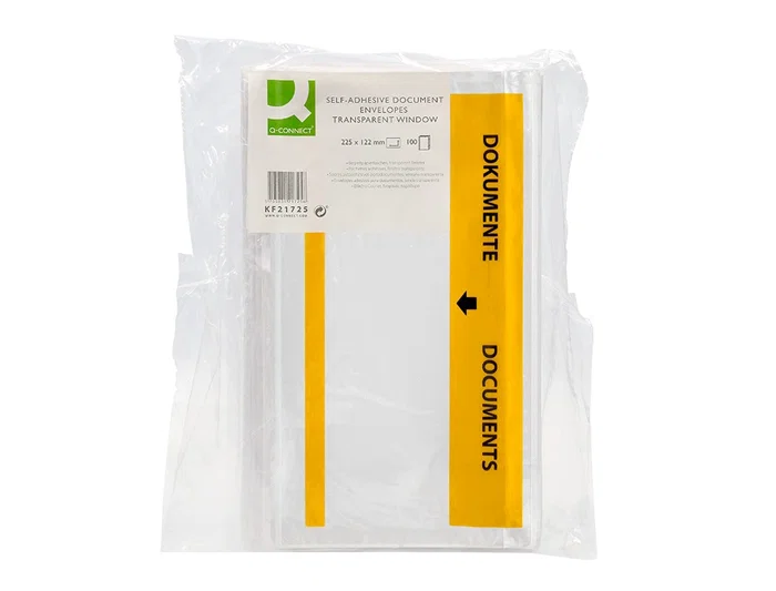 Q-connect Sobre Autoadhesivo Portadocumentos Multilingüe 225x122 mm Transparente - Paquete de 100