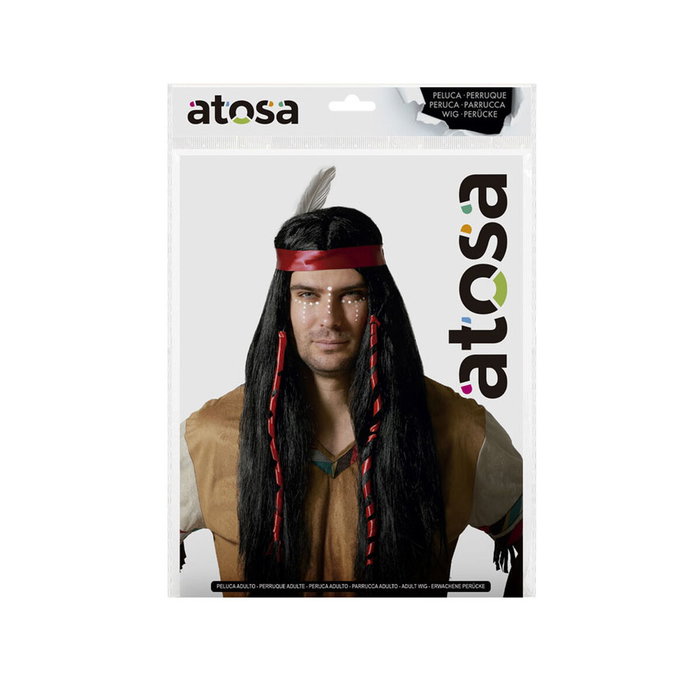 Atosa Peluca Guerrero Tribal con Trenzas y Pluma para Disfraz y Eventos Temáticos 160 gr