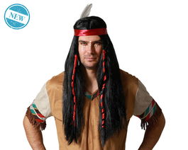 Peluca Guerrero Tribal con Trenzas y Pluma para Disfraz y Eventos Temáticos 160 gr