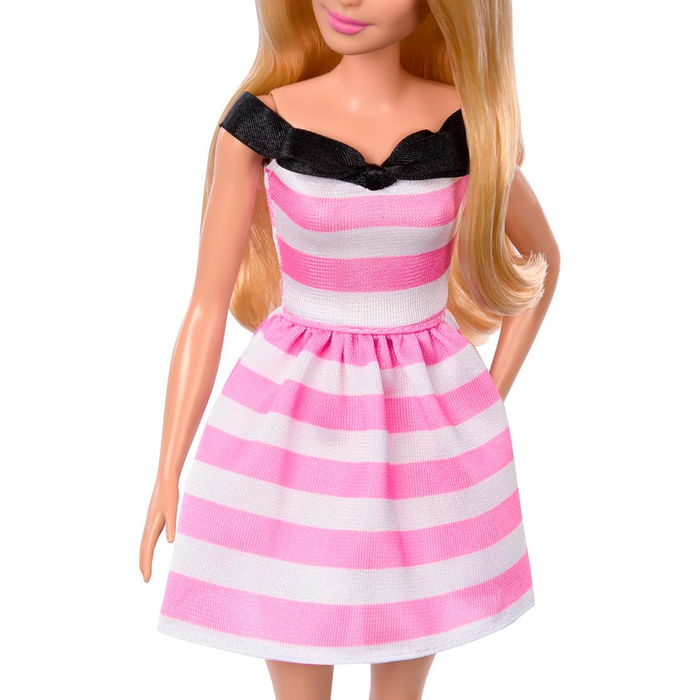 Barbie Muñeca 65 Aniversario Hth66 Mattel Vestido Rayas Rosas Blancas Lazo Negro Pendientes Perlas Tacones