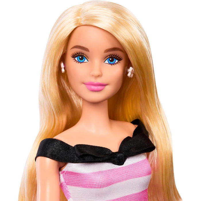 Barbie Muñeca 65 Aniversario Hth66 Mattel Vestido Rayas Rosas Blancas Lazo Negro Pendientes Perlas Tacones