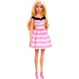 Barbie Muñeca 65 Aniversario Hth66 Mattel Vestido Rayas Rosas Blancas Lazo Negro Pendientes Perlas Tacones