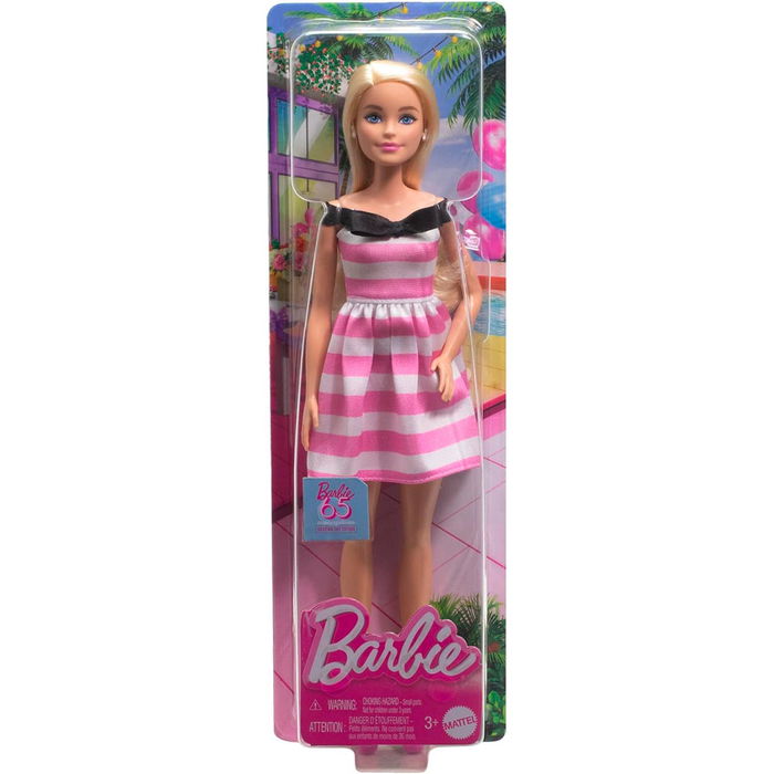 Barbie Muñeca 65 Aniversario Hth66 Mattel Vestido Rayas Rosas Blancas Lazo Negro Pendientes Perlas Tacones