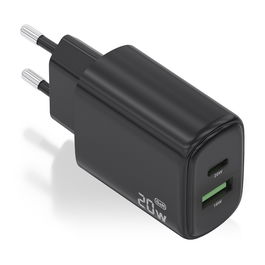 AISENS - CARGADOR GaN 20W, 1xUSB-C PD3.0, 1xUSB-A QC3.0, NEGRO
