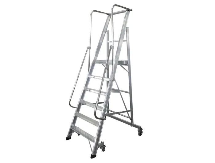 KTL Escalera móvil aluminio plataforma y guardacuerpos plegable 6 peldaños serie 2XL-S, soporta 150 kg, altura hasta plataforma 140 cm