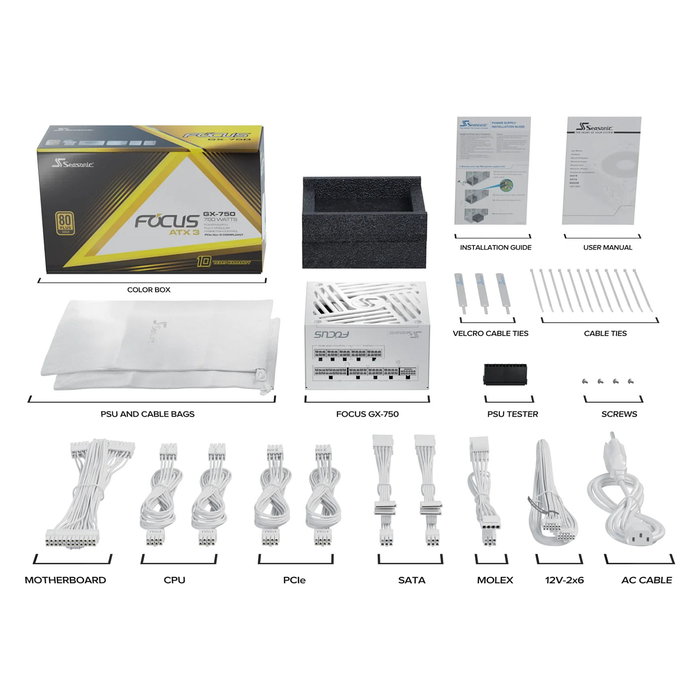 Seasonic FOCUS-GX-750-V4-WHITE ATX 3.1 80+ Gold Fuente de Alimentación Blanca 750W Modular Seasonic FOCUS-GX-750-V4-WHITE ATX 3.1 80+ Gold Fuente de Alimentación Blanca 750W Modular