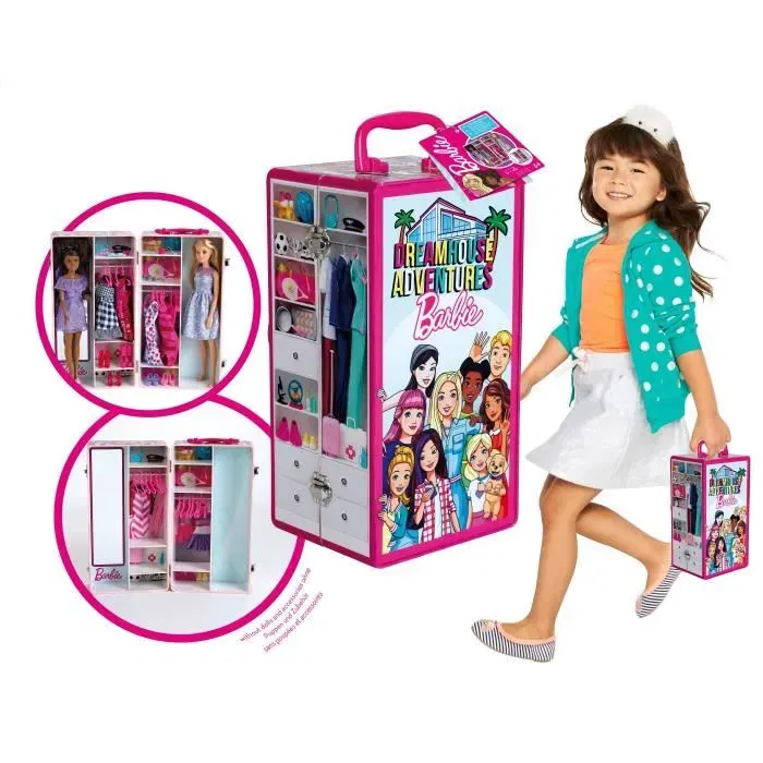 Barbie Maletín de Gabinete para Muñecas con Espejo y Rieles para Guardar Ropa y Accesorios, Incluye 12 Perchas